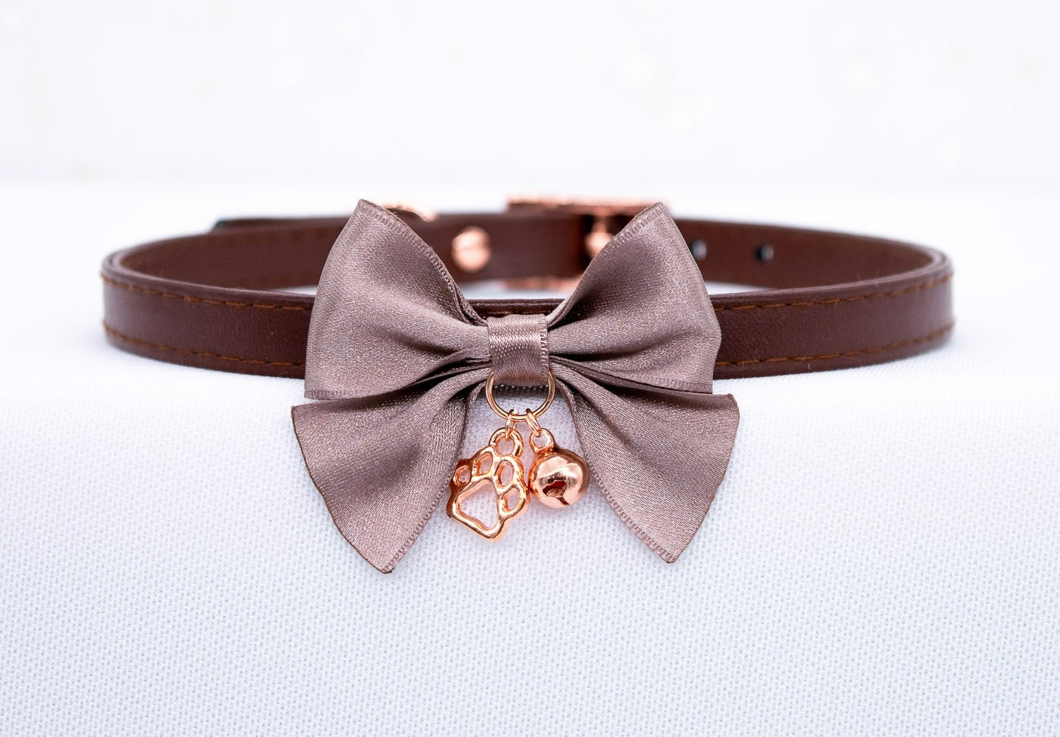 Dog Collar Leash Bow Tie Set  Velvet Cream with Rose Gold Buckle