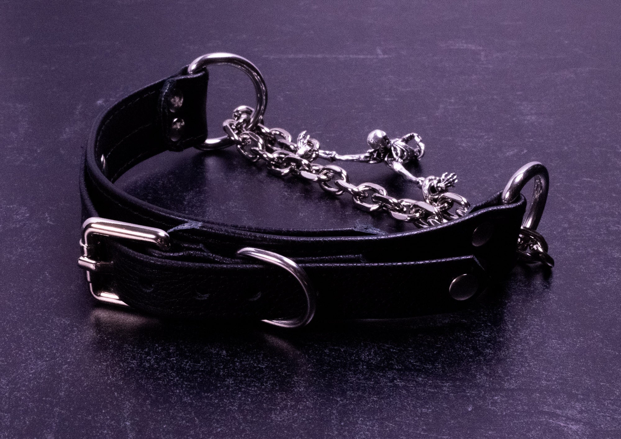 12.5" - 15.5" All Black 'Chained Up' Leather Martingale Collar _ LIMITED _