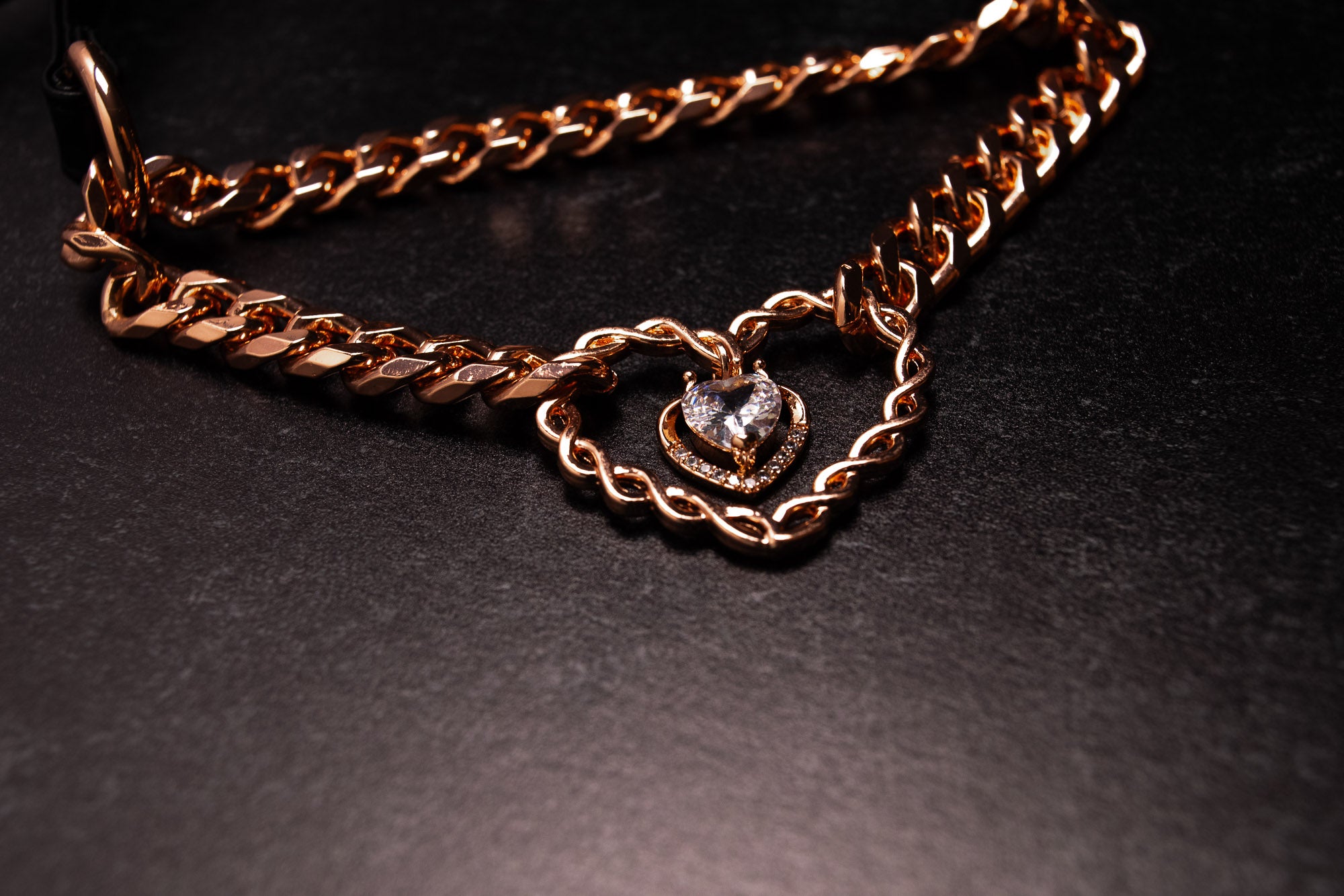 Black Vegan Leather Chained Heart Martingale Collar in Rose Gold _ LIMITED _