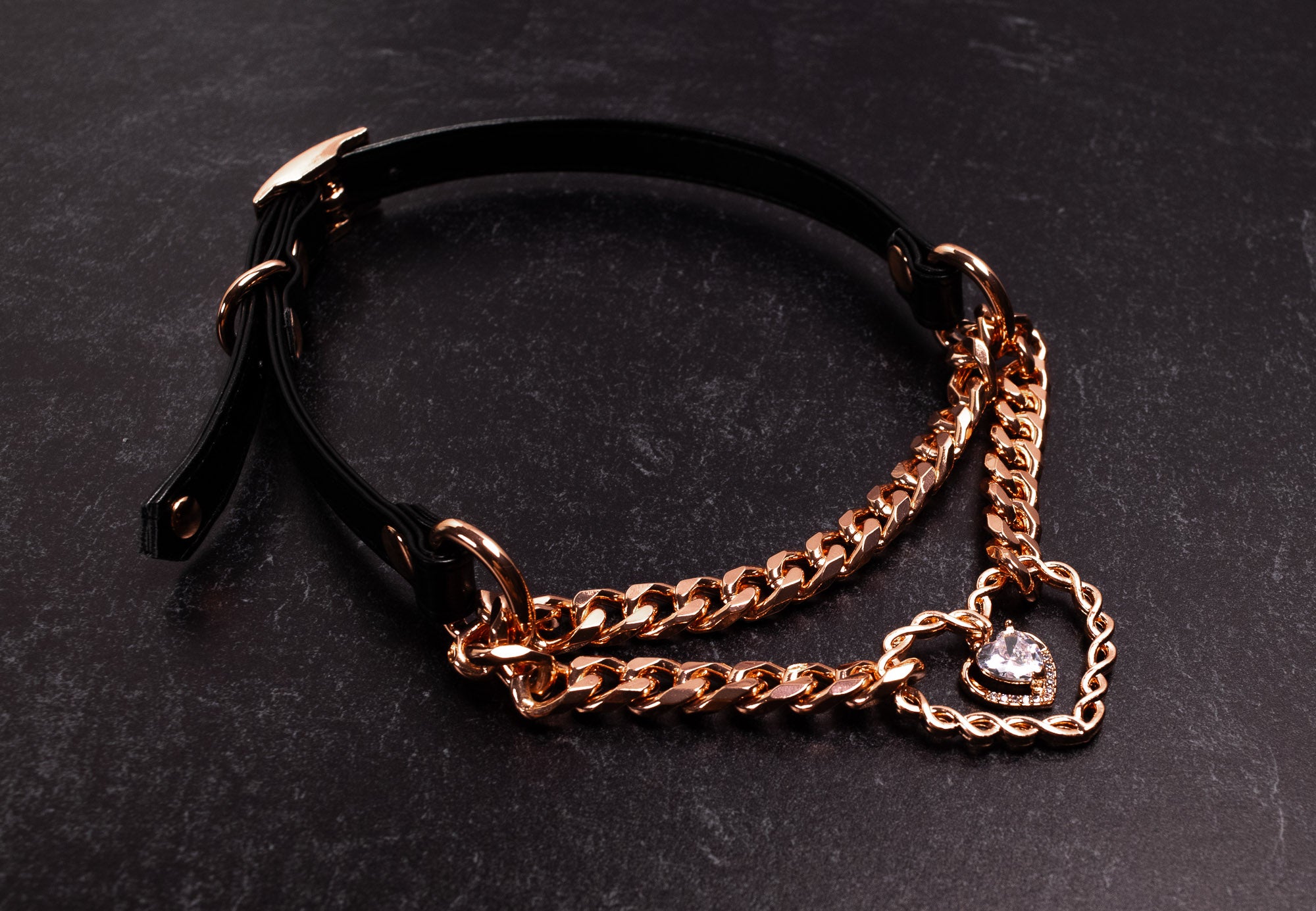 Black Vegan Leather Chained Heart Martingale Collar in Rose Gold _ LIMITED _