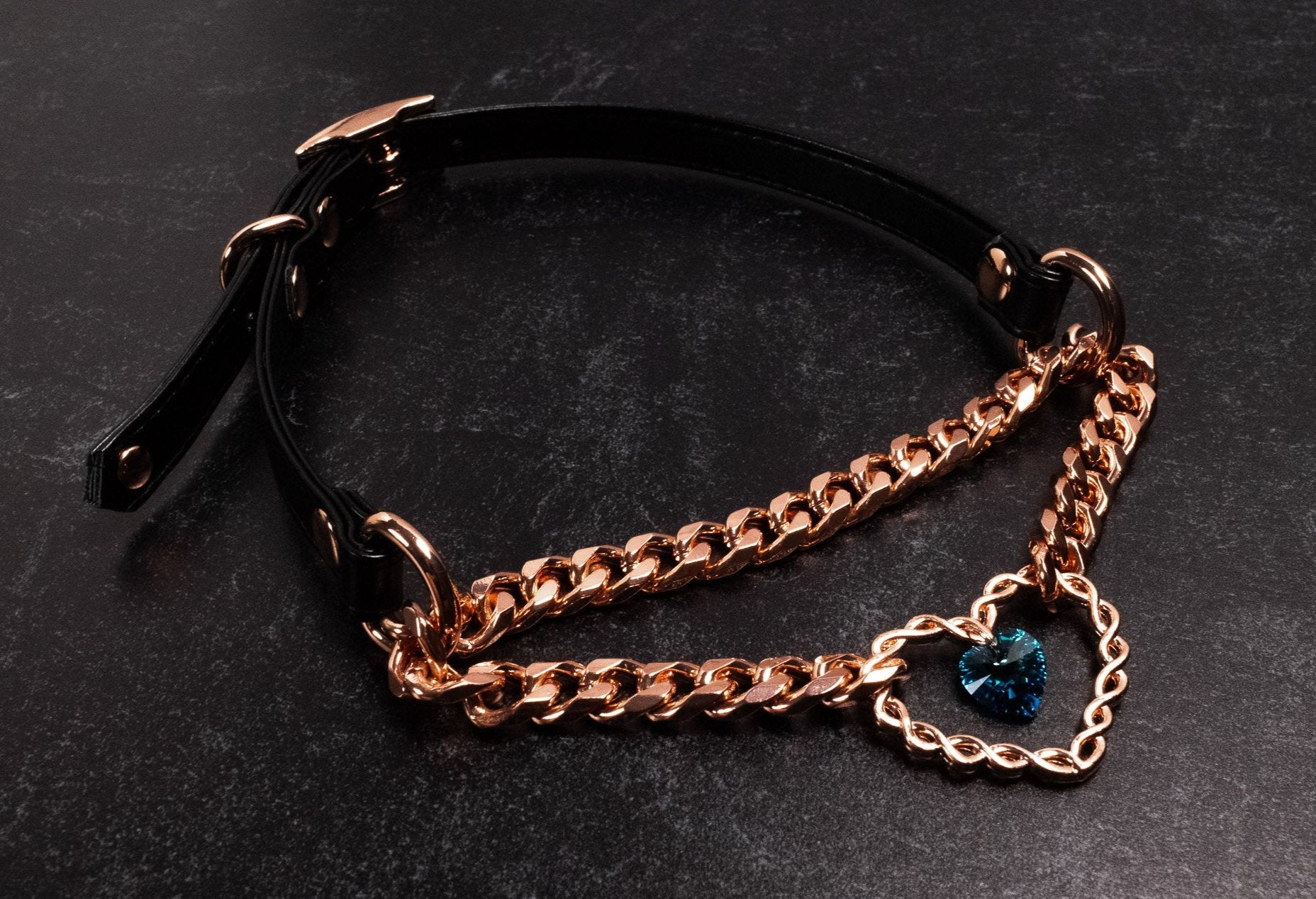 Design Your Own Leather Chained Crystal Heart Martingale Collar in Rose Gold