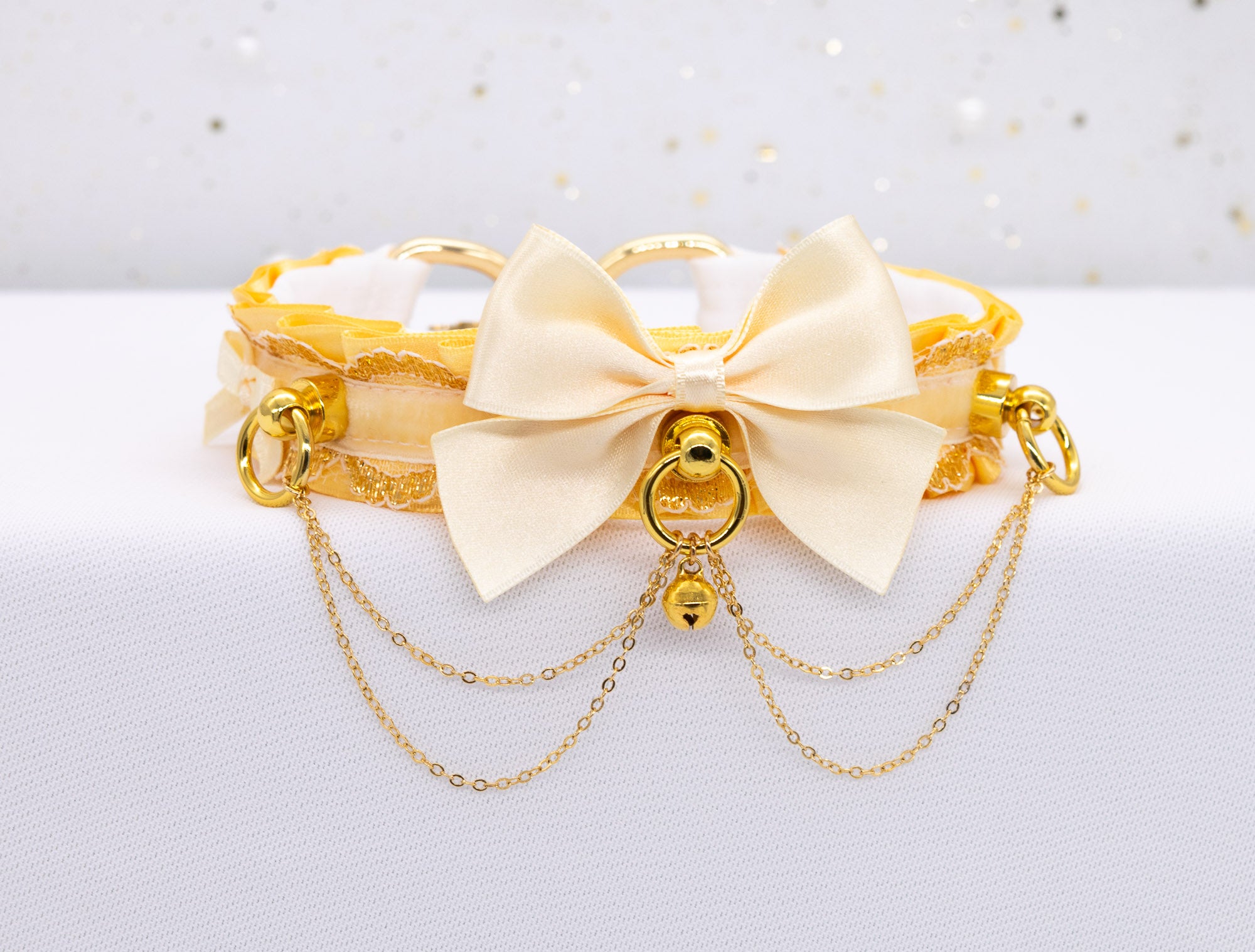 Buttercup Yellow & Ivory Chained Luxury Pet Play Collar in Gold