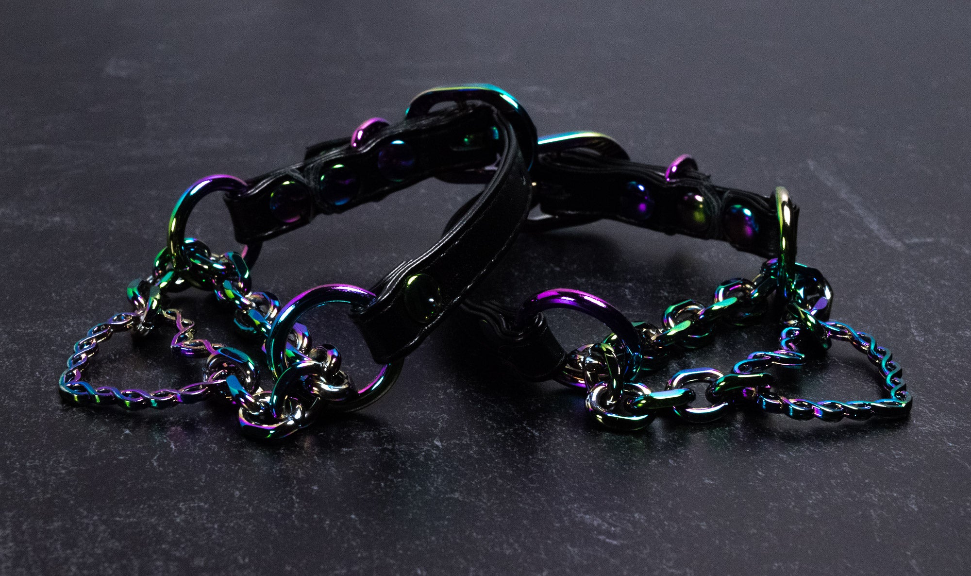 Black Leather Chained Heart Martingale Cuffs