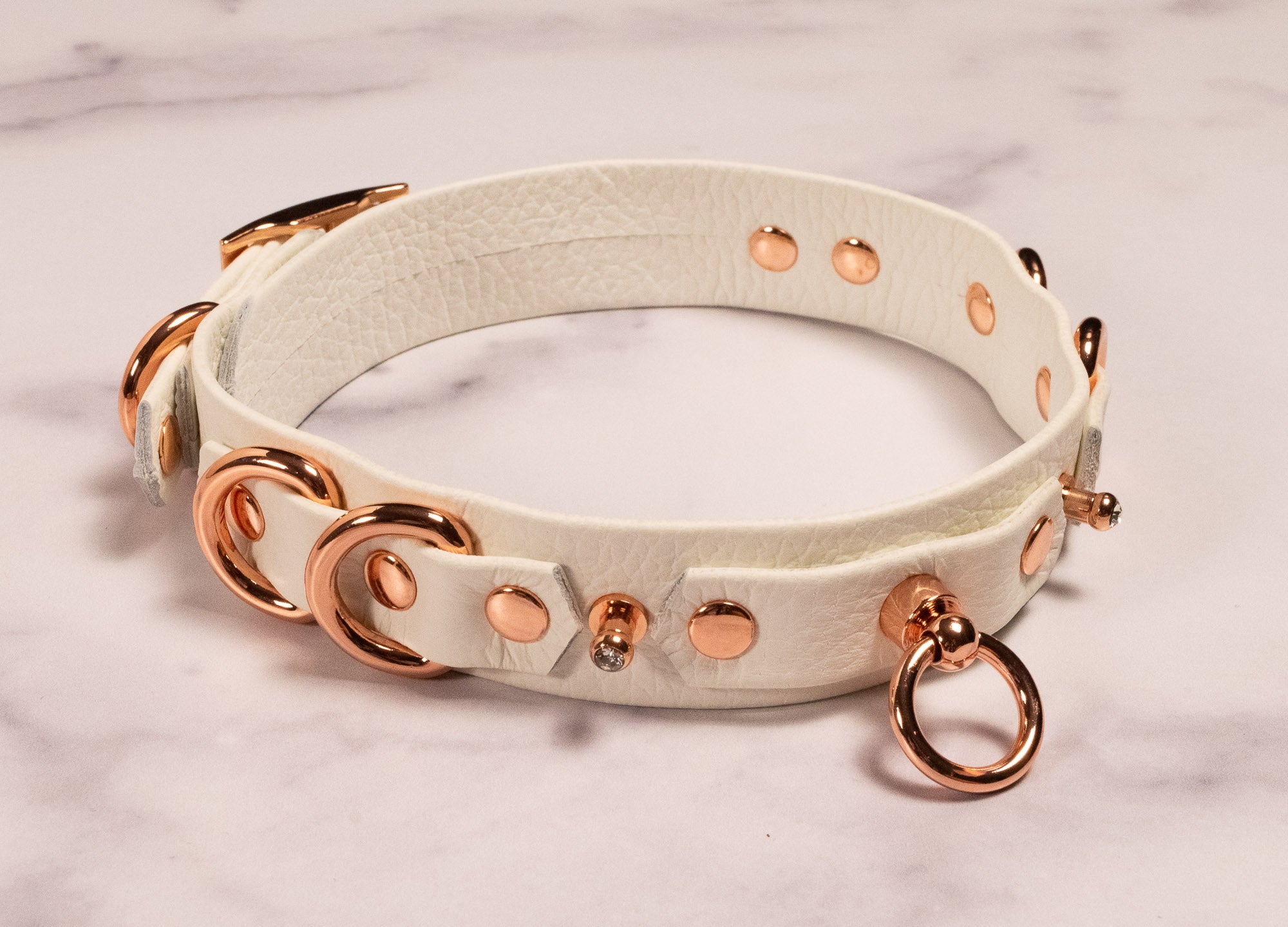 12.5" - 15.5" Rose Gold & White Leather Collar _ LIMITED _