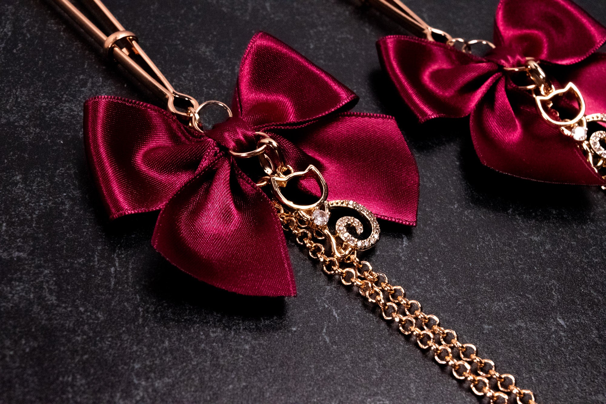 Deluxe Chained Burgundy Bow Tweezer Nipple Clamps in Rose Gold