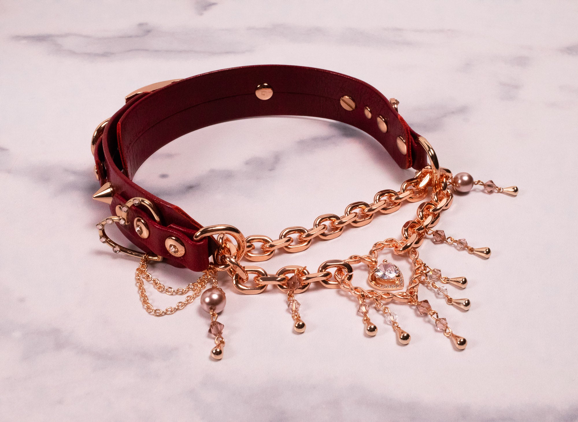 "Chained Affection" - 12.5" - 15" Cherry Leather Martingale Collar _ LIMITED OOAK _