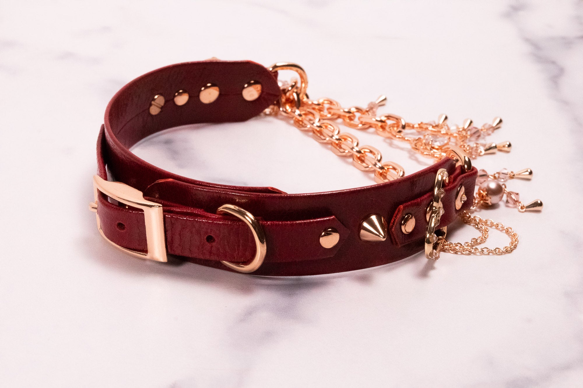 "Chained Affection" - 12.5" - 15" Cherry Leather Martingale Collar _ LIMITED OOAK _