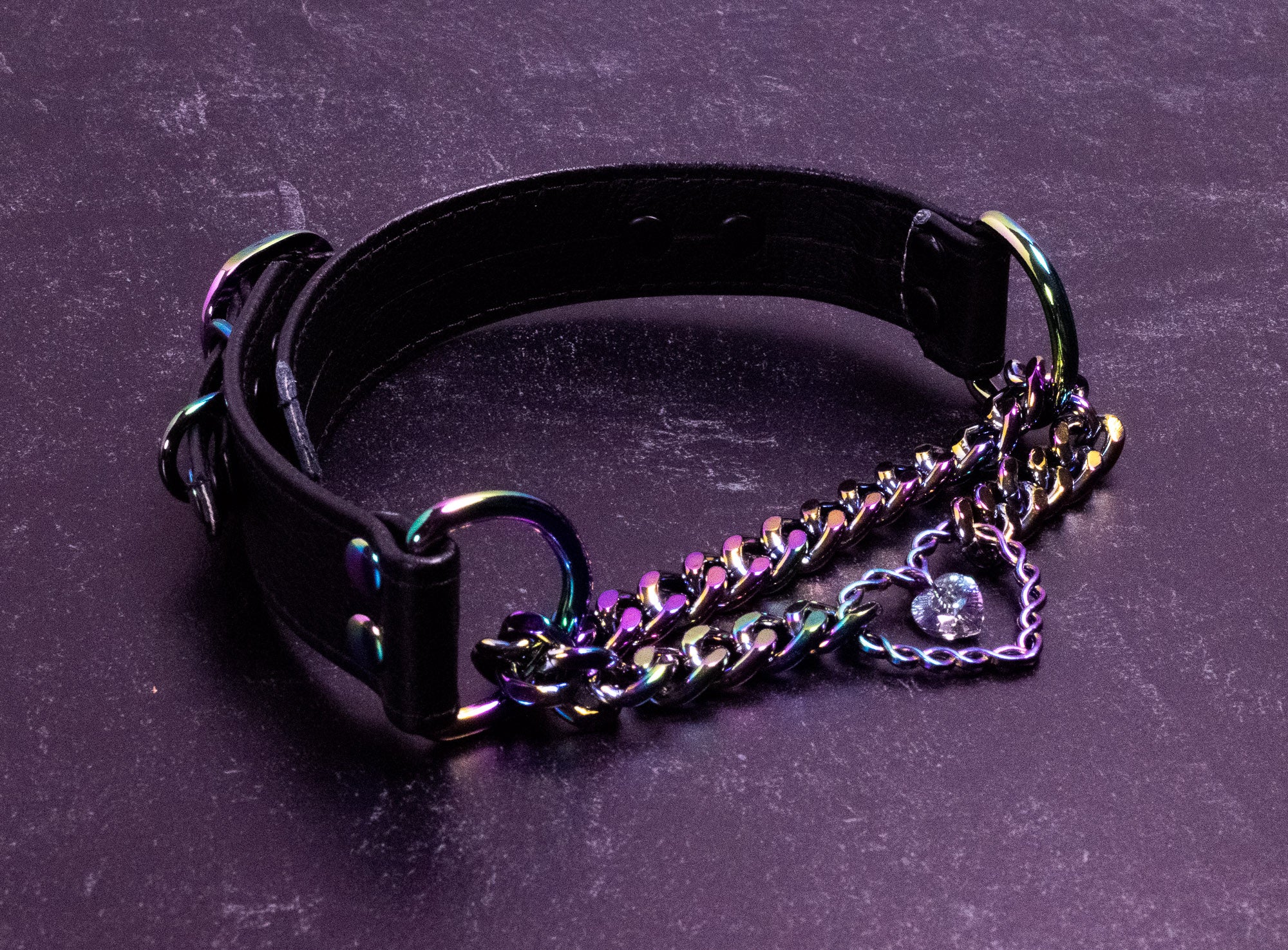 12.5" - 15.5" Rainbow & Black Leather Martingale Collar _ LIMITED _