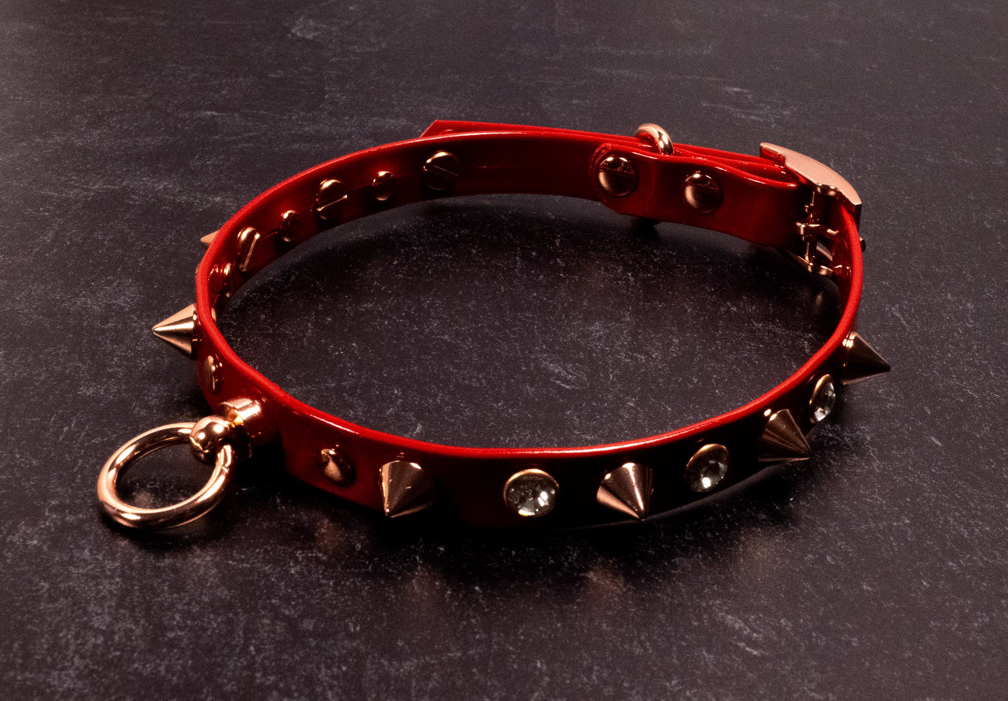 12.5" - 15" Spiked Crystal Red Patent Leather Collar _ LIMITED _