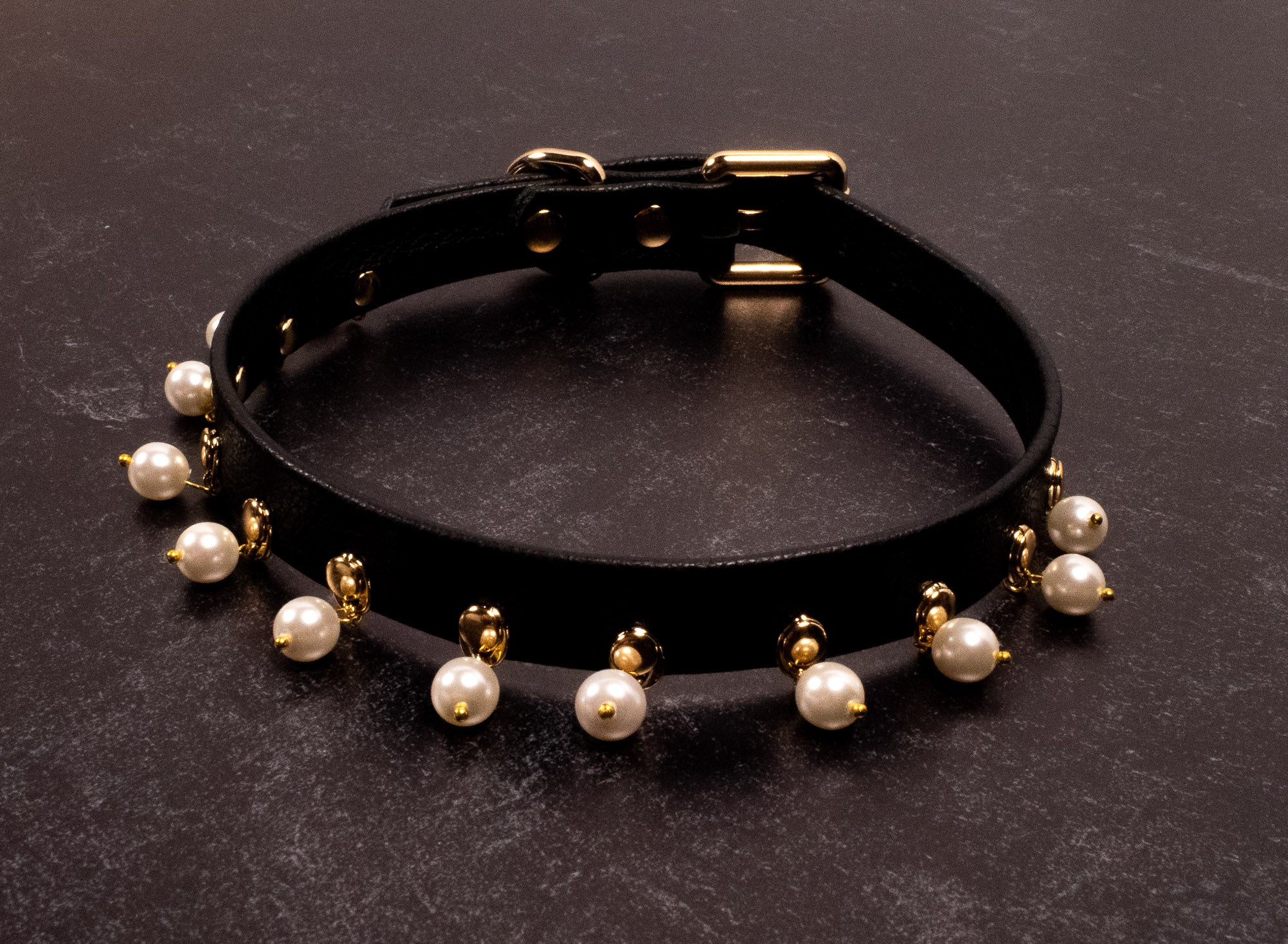 12.5" - 15" Black Leather Pearl Day Collar _ LIMITED _