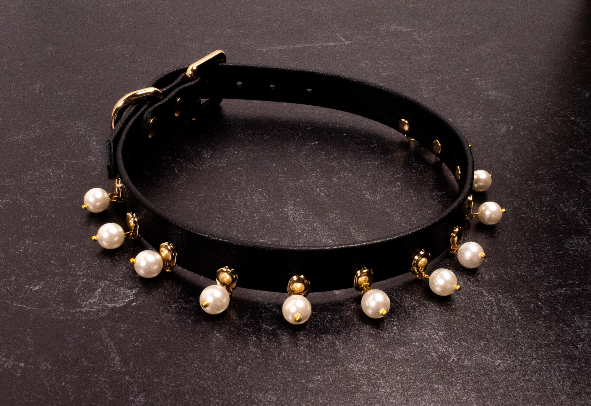 12.5" - 15" Black Leather Pearl Day Collar _ LIMITED _