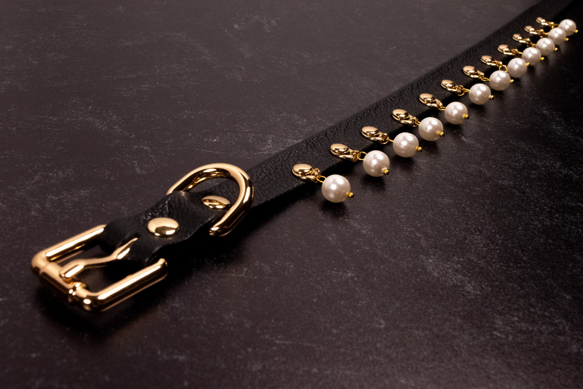 12.5" - 15" Black Leather Pearl Day Collar _ LIMITED _