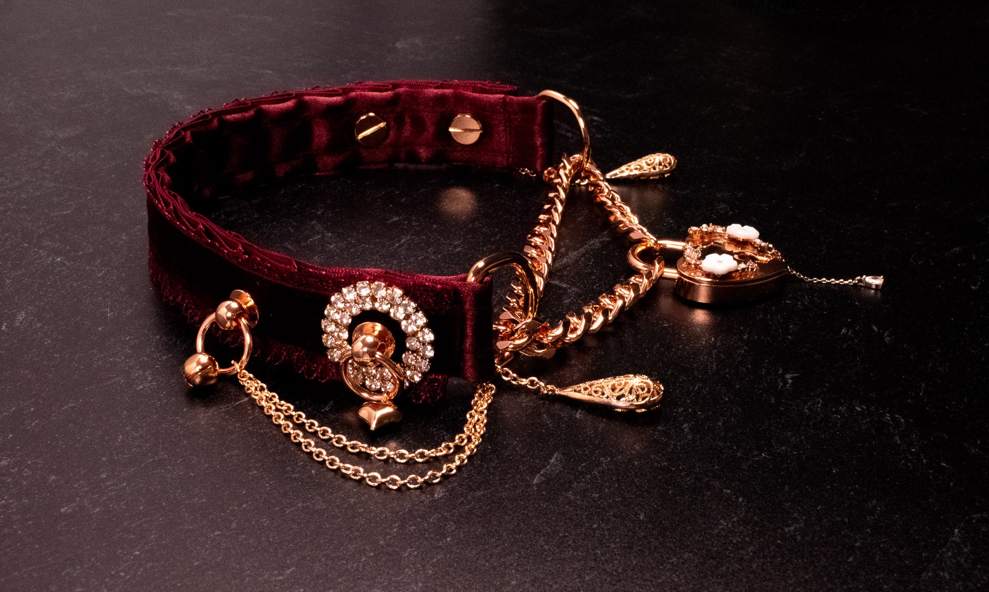 "Obsession" - Rose Gold & Burgundy Velvet Luxury Locking Martingale Collar