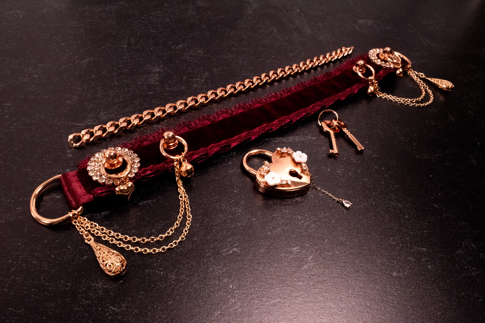 "Obsession" - Rose Gold & Burgundy Velvet Luxury Locking Martingale Collar