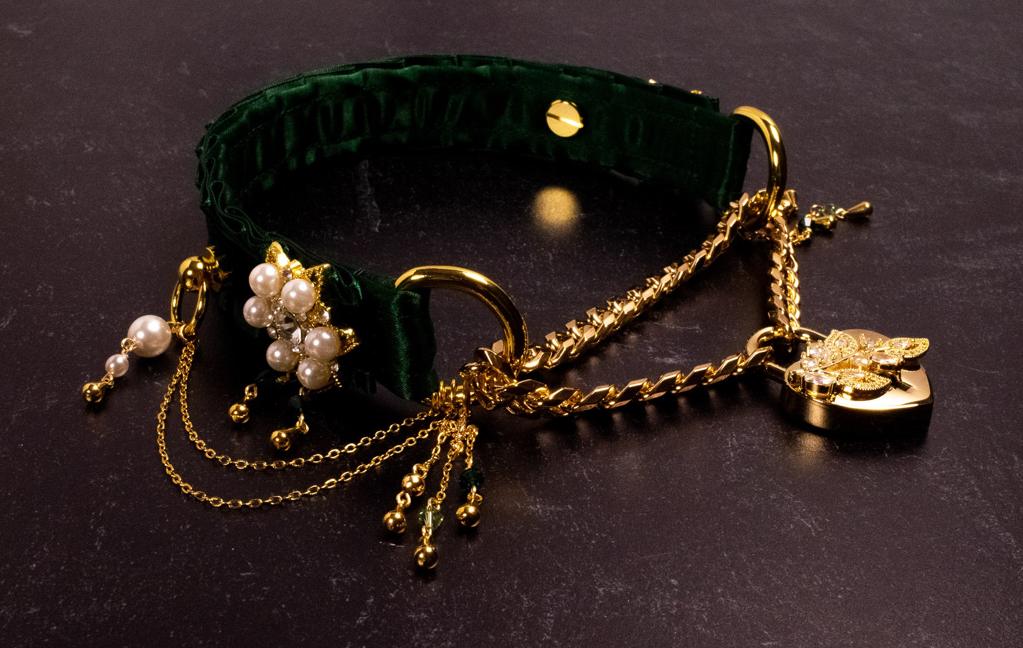 Gold & Hunter Green Velvet Luxury Locking Pearl Martingale Collar