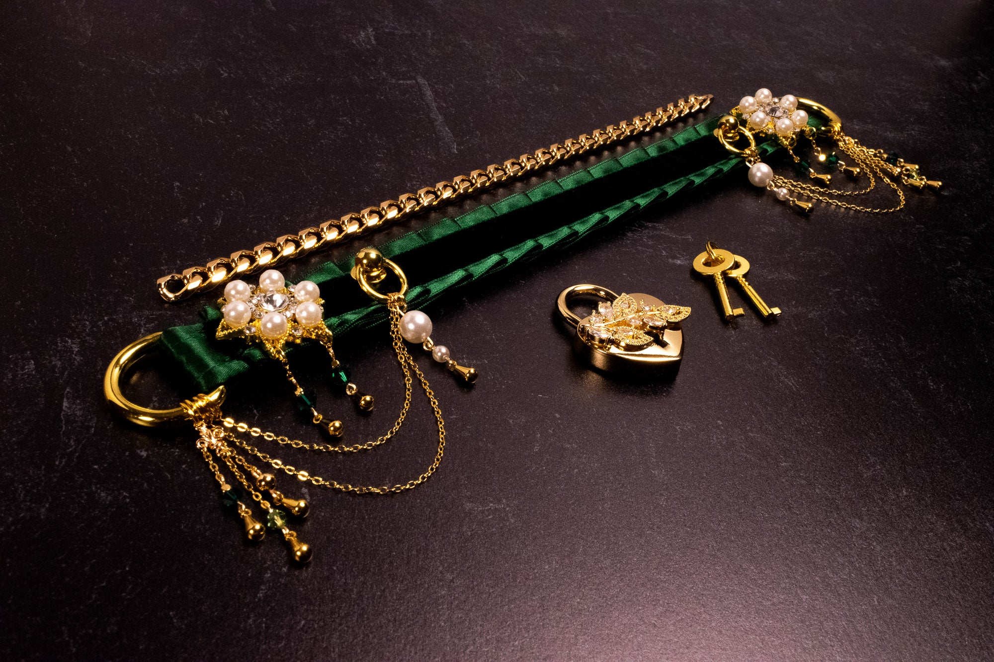 Gold & Hunter Green Velvet Luxury Locking Pearl Martingale Collar