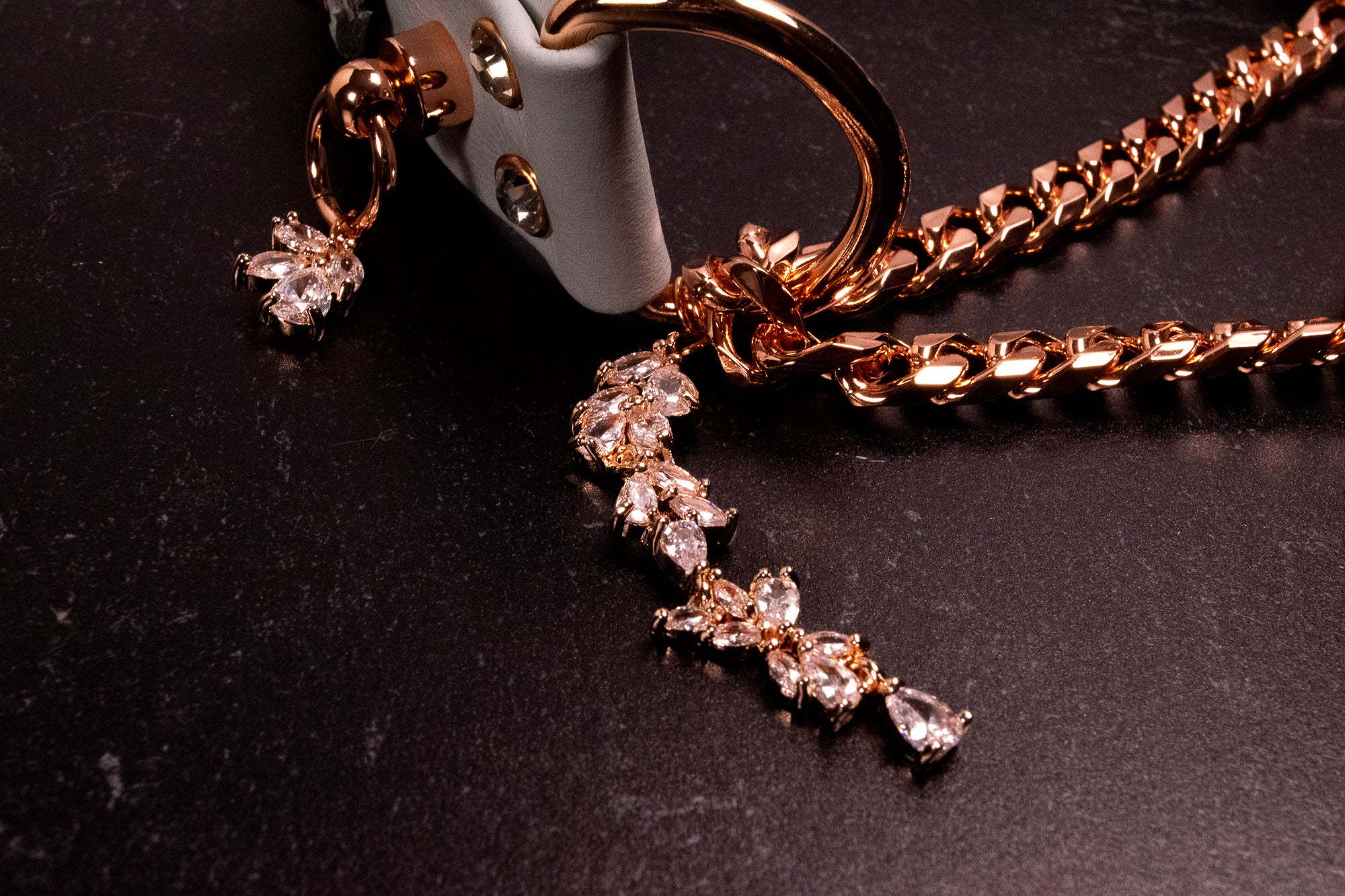 "Crystal Kitten" - 12.5" - 15.5" Rose Gold & Slate Leather Martingale Collar _ LIMITED _