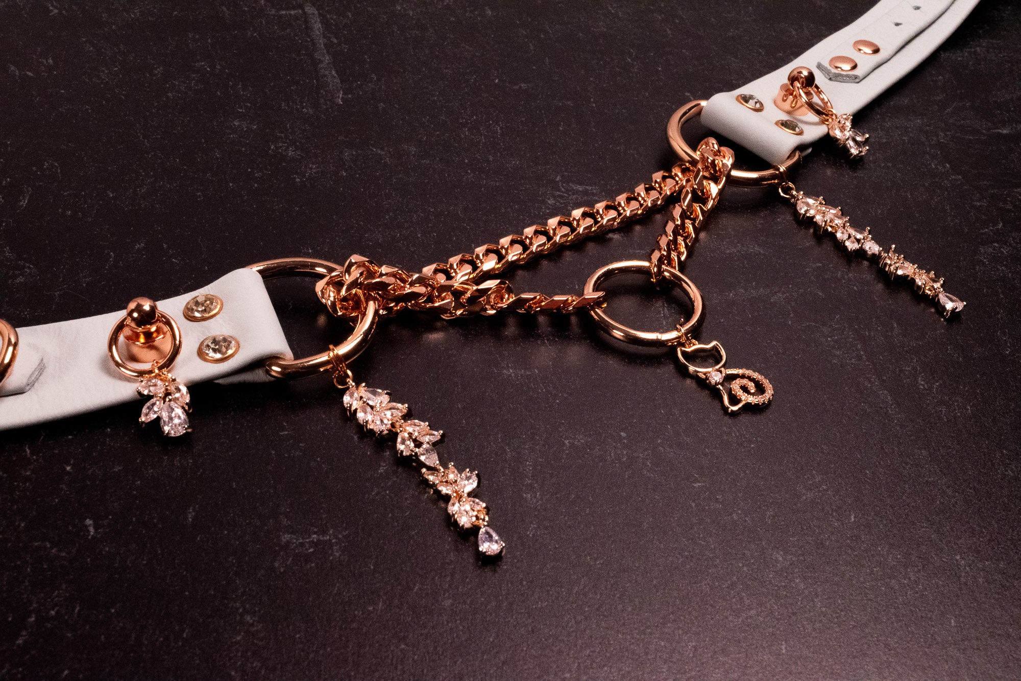 "Crystal Kitten" - 12.5" - 15.5" Rose Gold & Slate Leather Martingale Collar _ LIMITED _